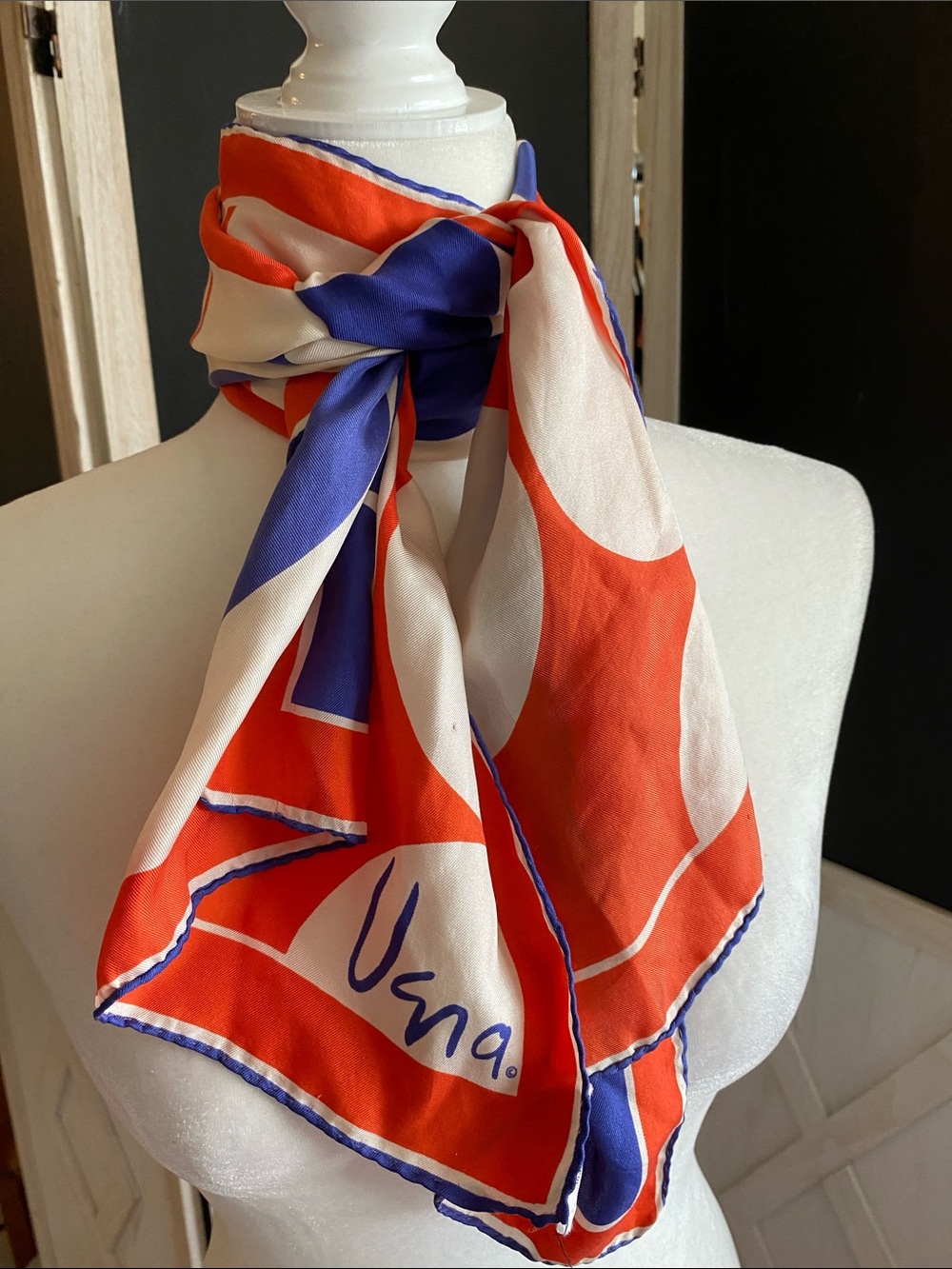 Vintage Vera Neumann silk scarf, orange, blue, and cream.